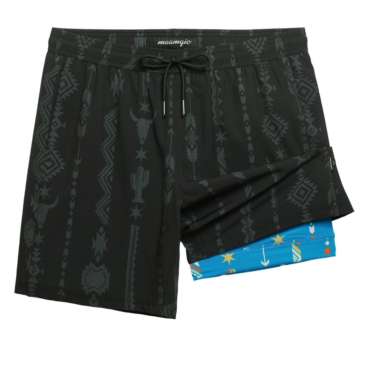 maamgic Mens Swim Trunks with Compression Liner 7 Inch Inseam Mens Bathing Suit Quick Dry Swimming Trunks Swimsuit Folk Pattern Black and Blue Medium
