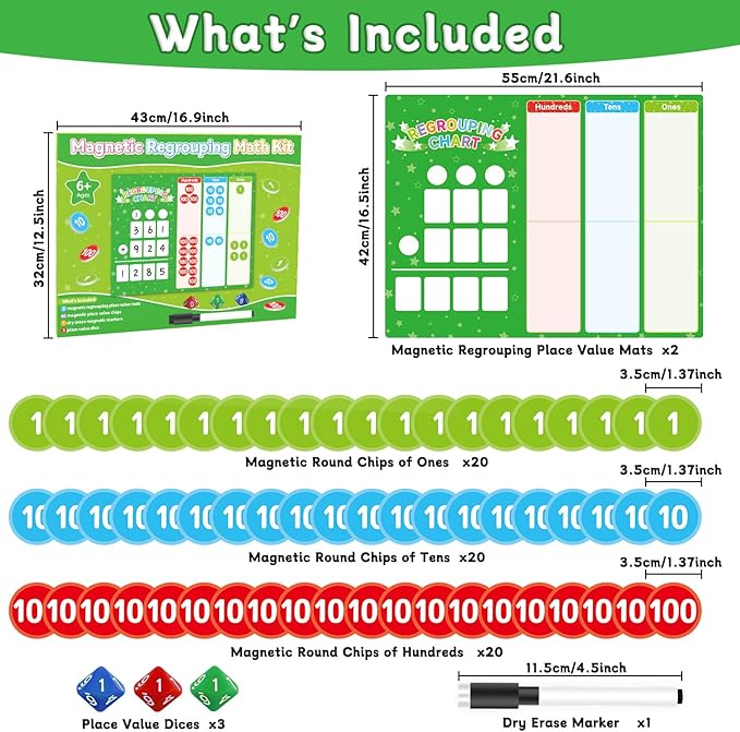 Magnetic Regrouping Math Base Ten Place Value, 2026 New Upgraded Addition & Subtraction Math Manipulatives Dry Erase Whiteboard for Kids 1st 2nd 3rd Grade, Math Games Homeschool Classroom Must Haves