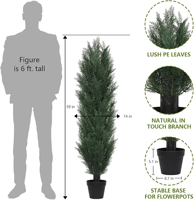 THE BLOOM TIMES 5ft Topiary Trees Artificial Outdoor Set of 2, UV Resistant Faux Cedar Pine Cypress Bushes & Shrubs, Fake Plants for Front Porch Outside Planter Patio Christmas Decor 5 Foot Tall
