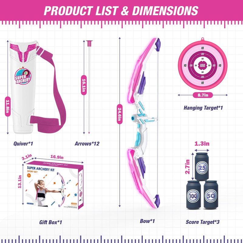 HYES Bow and Arrow for Kids, LED Light Up Archery Set with 12 Suction Cup Arrows, 1 Hanging Target, 3 Score Targets & 1 Quiver, Indoor Outdoor Sport for Boys Girls Ages 4-12, Purple