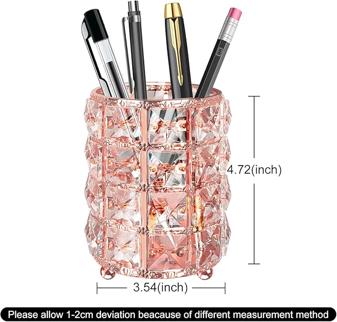 XB'ANG Flower Pattern Makeup Brush Holder Organizer Crystal Cosmetic Cup Eyeliners Eyebrow Pencil Storage Box Container Vanity Decor Accessories (Rose Gold)