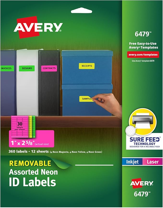 Avery Printable Labels with Sure Feed, 1" x 2-5/8", Assorted Neon Colors (Green, Magenta, and Yellow), Removable Adhesive, Laser & Inkjet Compatible, 360 Blank Labels Total (6479)