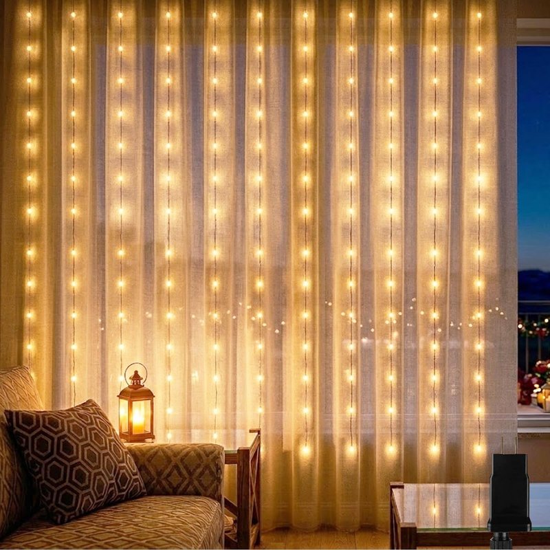 Vigdur Led Curtain String Lights, 8FT Window Fairy Lights for Bedroom with 210 Warm LEDs, Hanging Twinkle Indoor String Light for Party Wedding Garden Wall Decor(8 * 7ft)