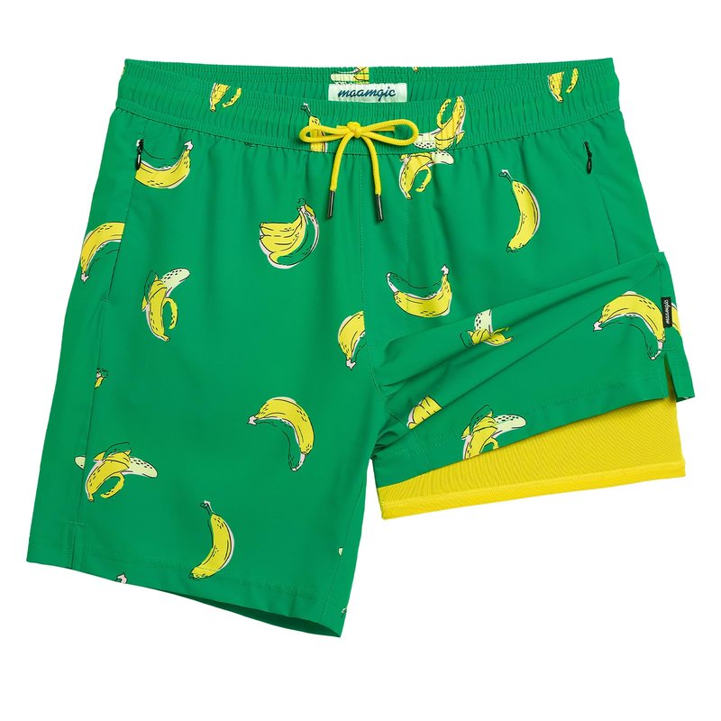 maamgic 2 in 1 Mens Swim Trunks 7 Inch Swim Shorts Swim Suits Board Shorts Falling Banana-Green X-Large