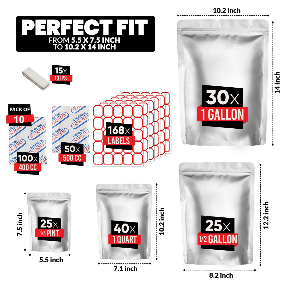 120 Mylar Bags with 150 Oxygen Absorbers-168 Labels & Stand-Up Reusable 4 Sizes Airtight Smell Proof Resealable Bags with 15 Clips-11 MIL Food Storage Large Mylar Bags