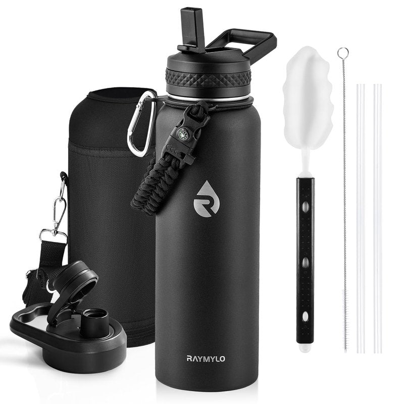 RAYMYLO Insulated Water Bottle 40 oz, Triple Wall Vacuum Stainless Steel (Cold for 36Hrs, Hot for 18Hrs), Leak Proof & Non-BPA, Modern Water Flask Jug with Paracord Handle & Straw Spout Lids