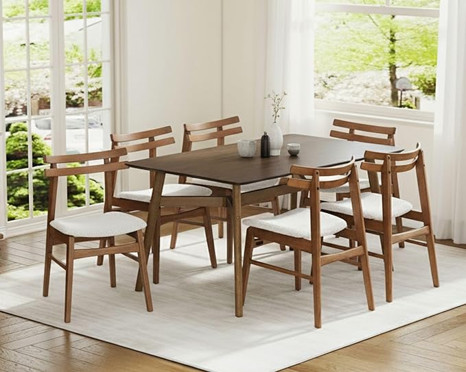 VESCASA 5-Piece Dining Set, 59" L Colonial Oak Rectangle Wood Dining Table with 4 Curved Back Sherpa Beige Wood Dining Chairs for Dining Room, Kitchen, Restaurant, Dining Set for 4