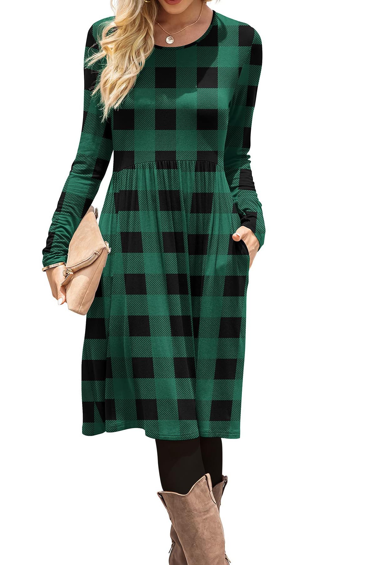 DB MOON Women Casual Long Sleeve Dresses Empire Waist Loose Dress with Pockets (Black, M)