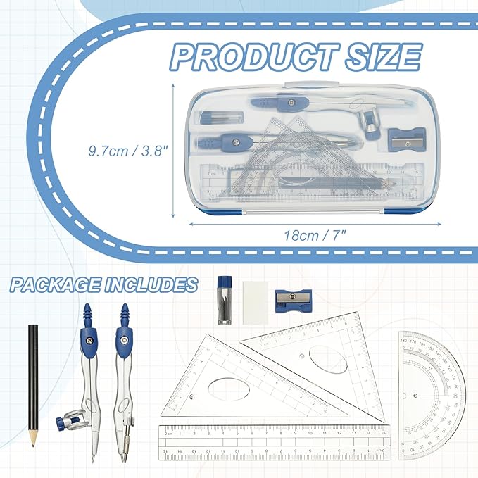 PATIKIL Geometry Precision Tool Set, 11 Pcs Geometry Set Compass Tool with Shatterproof Storage Box Rulers Math Compass Kit for Math Drafting Supplies, Dark Blue(Style 1)