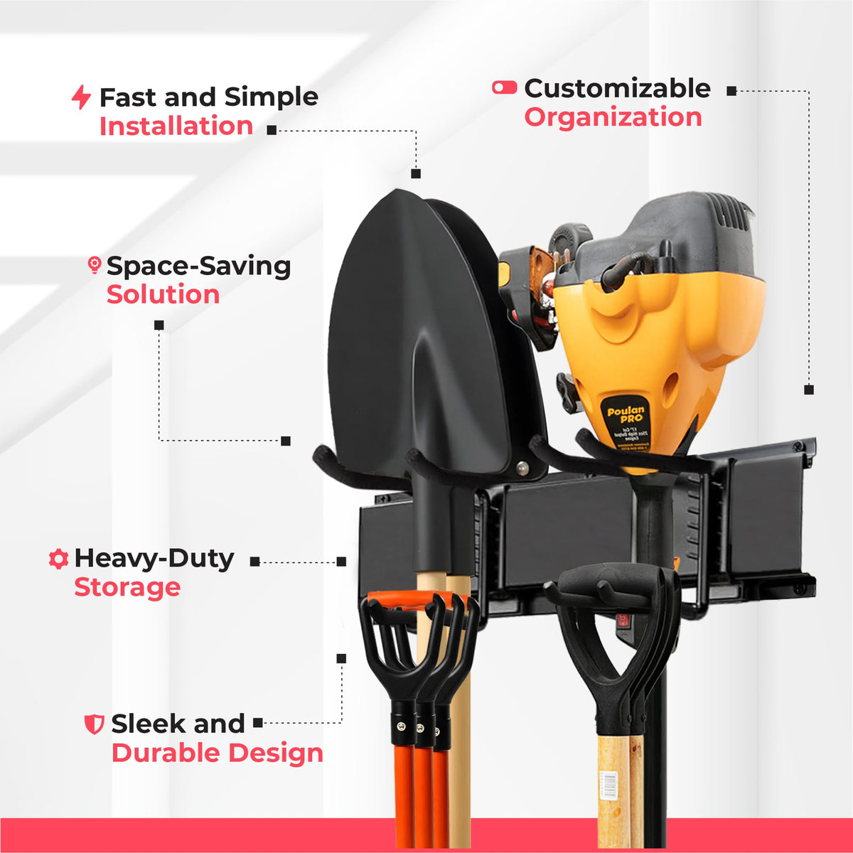 TIDYME Garage Tool Organizer Wall Mount | 48-Inch Garage Wall Organizer & Folding Chair Rack | Heavy-Duty Tool Hanger System | 9-Piece Kit with 3 Steel Rails & 6 Adjustable Hooks | 300 lbs Capacity