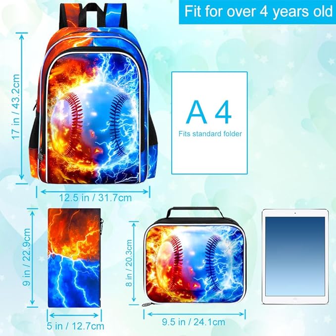 gxtvo 3PCS Boys Baseball Backpack, 17" Kids Bookbag with Lunch Box, Water Resistant Middle Elementary School Bag - Fire & Lightning Baseball