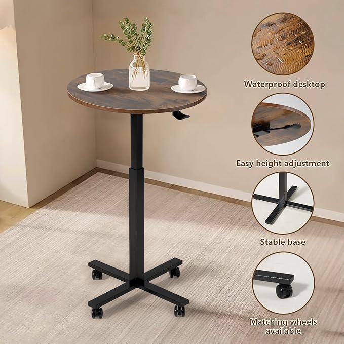 Bar Table,Round Dining Table with Height Adjustment,23.8-Inch Top, 41 Inch Adjustable Range, Comes with 4 Wheels, Ideal for Small Bar & Café(Rustic Brown), Set of 1