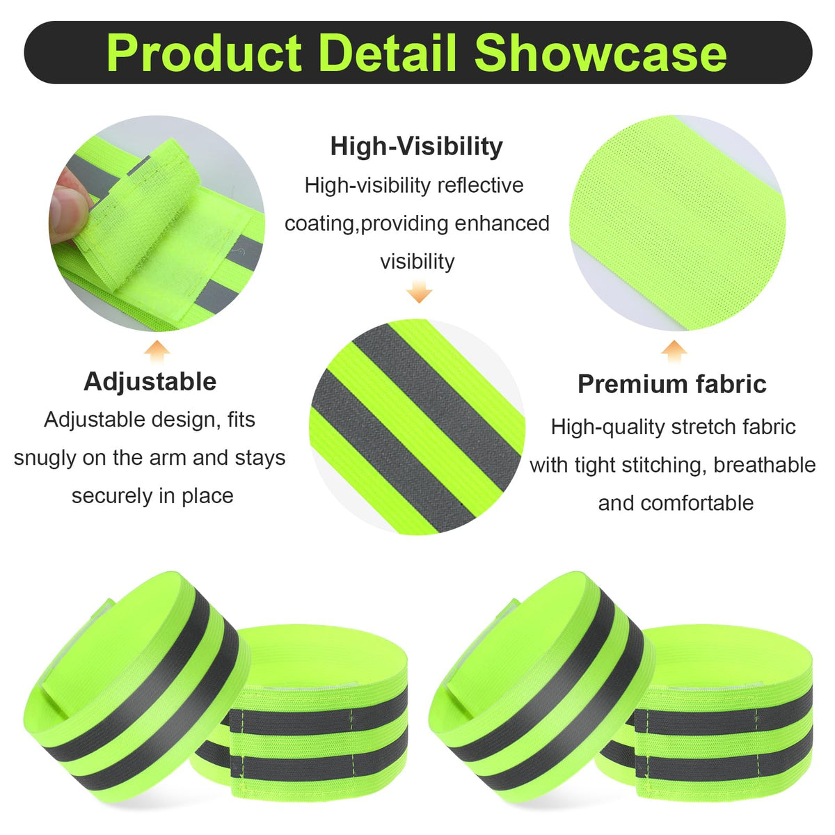Gjinxi 4 Pcs High Visibility Reflective Bands, Elastic Reflective Arm Band Adjustable Armbands Arm Wrist Ankle Bands Safety Straps for Night Running, Walking, Cycling