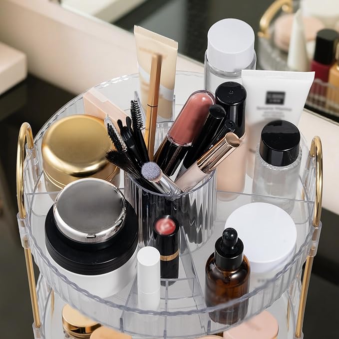 360 Rotating Makeup Organizer for Vanity,3 Tier Large Capacity Skincare Organizers,Bathroom Counter Organizer, transparent Spinning Perfume Organizer & Vanity Organizer (NEW-White, 3 Tier)