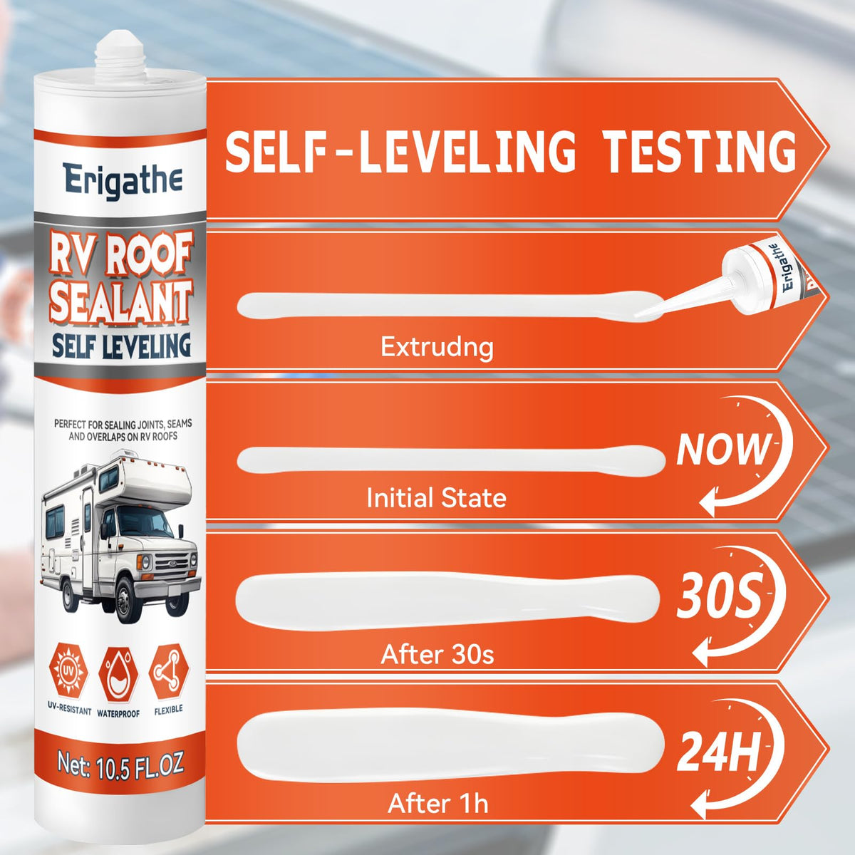 Erigathe Self-Leveling RV Roof Sealant, Lap Caulking for Camper & Trailer, Heavy-Duty Flex, Waterproof, 15 Min Set Time for Repairs (2-10.5 fl oz White)