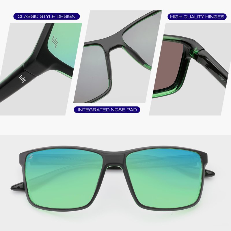 JFXQDR Men's XL Polarized Sunglasses, Big Square Sun Driving Fishing Glasses UV Blocking RFS8207 (Black Frame Green Lens), Oversized