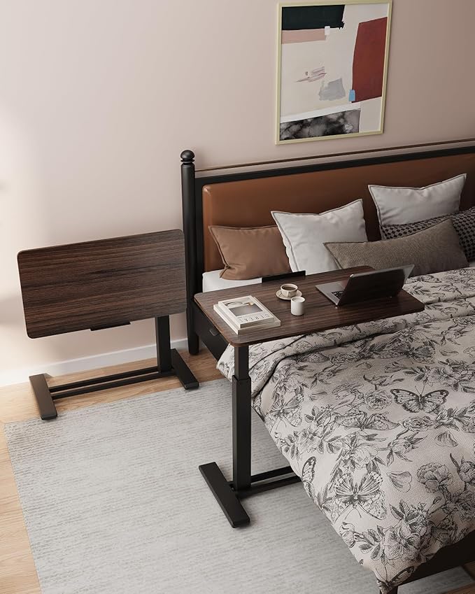 FLEXISPOT H7 PRO Mobile Standing Desk Adjustable Overbed Table Pneumatic with Wheels 90°Tiltable Portable Laptop Desk Rolling Computer Cart Foldable Bedside Table(31.5" W x 17.7" D, Rustic Brown)