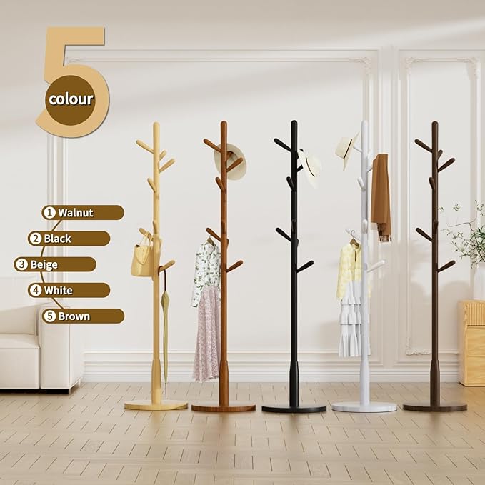 Solid Wood Round Base Coat Rack, Free Standing Hall Coat Tree with 8 Hooks（+2 spare) for Coats, Hats, Bags, Purses, for Entryway, Hallway, Rubberwood Hooks,Base and Pole(Round Base,Dark Walnut)
