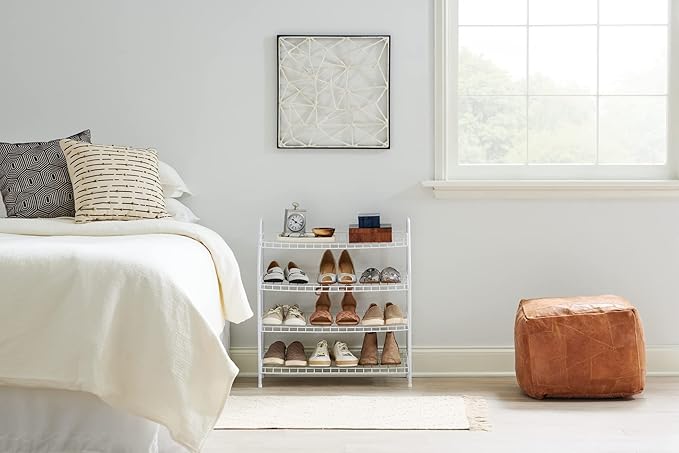 Rubbermaid 4-Tier Wire Shoe Rack, White, Simple Assemble, Storage Shelf for Organization in Bedroom/Closet