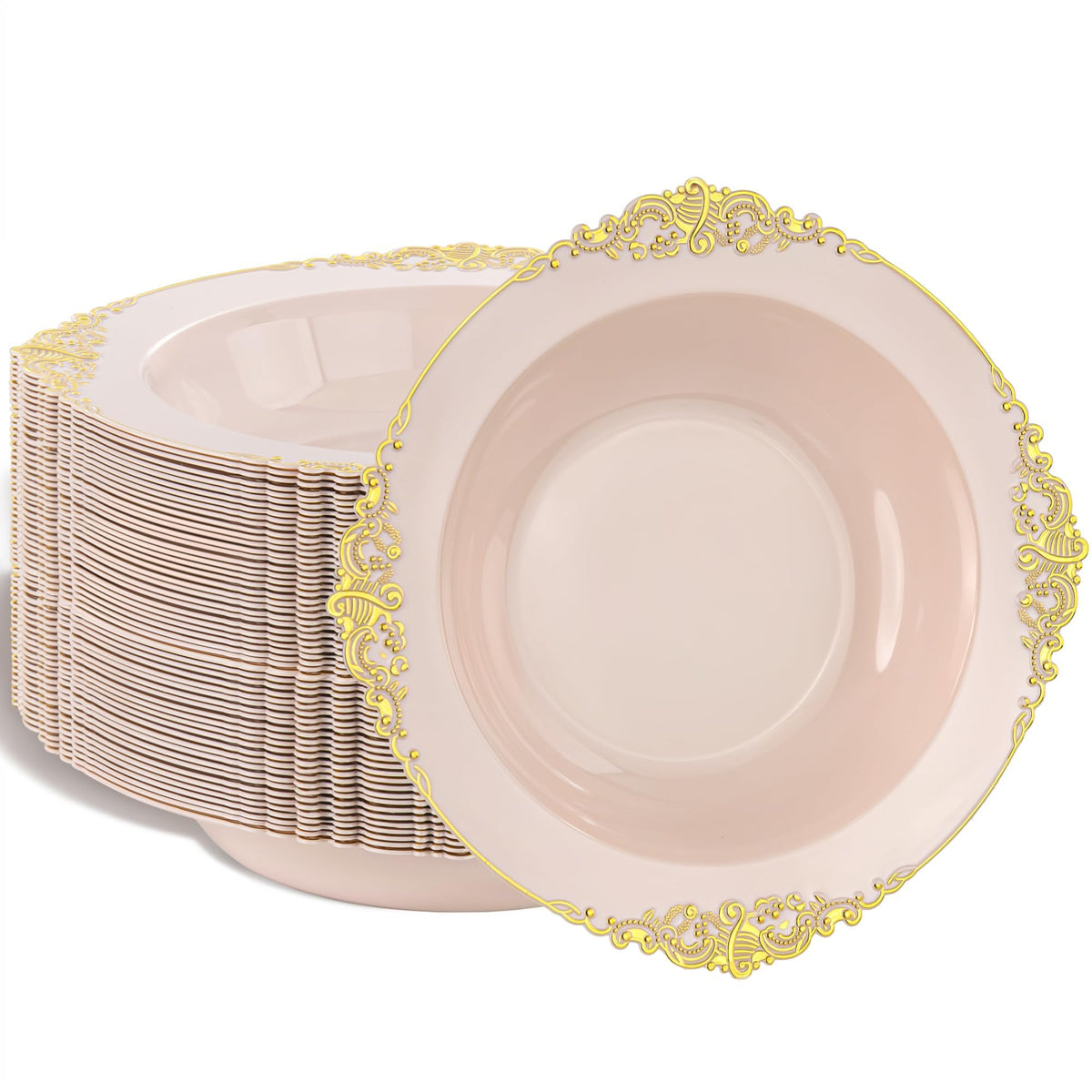 Nervure 50PCS White Plastic Bowls with Silver Rim 12oz Disposable Soup Bowl