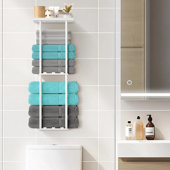 Towel Racks for Bathroom, 3 Tier Metal Towel Holder, with Shelf & 6 Hooks, 29 inch Wall Mounted Towel Storage, 6 Large Bath Towels Capacity,Small Bathroom Towel Rack for Rolled Towels, White
