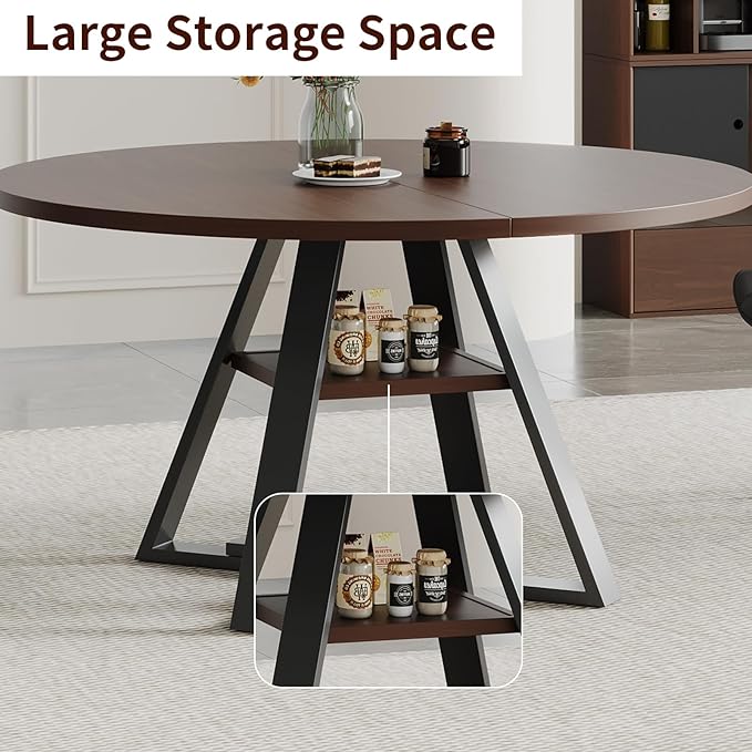 Walnut Round Dining Table Set for 4, Mid-Century Modern Kitchen Table and Chairs, Small Space Dining Room Furniture for Apartment, Breakfast Nook or Studio (Walnut Wood-1 Storage Table)