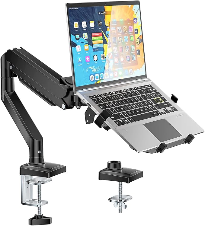 WALI Single Arm Laptop and Monitor Desk Mount for 17" Notebook and Up to 32" Screen, 2-in-1 Adjustable Gas Spring Monitor Arm with Laptop Tray, VESA 75x75 100x100,Holds 22-26.4 lbs, Black (GSMP001NLP)