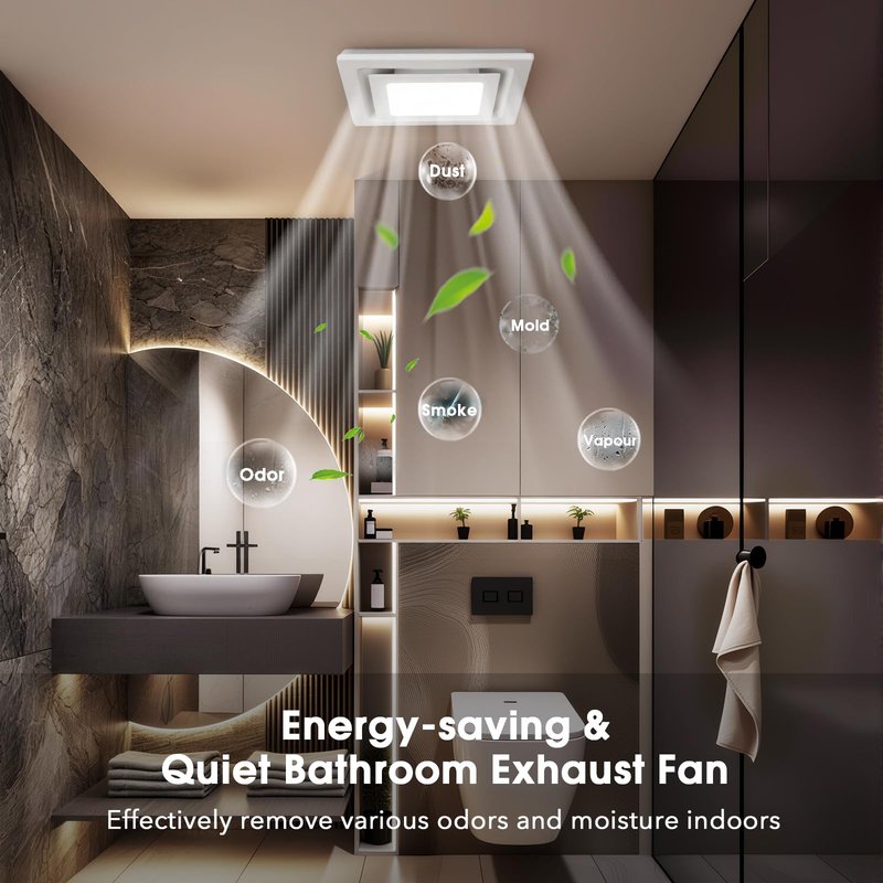 FEITON Bathroom Exhaust Fan with Light (3000K/4000K/5000K), Ceiling Mount, 110 CFM 1.0 Sones, Quiet Square Bath Fan Light Combo(Metal housing, 4 Inch Duct, Ceiling Opening Size: 7.6 x 7.3 Inches)