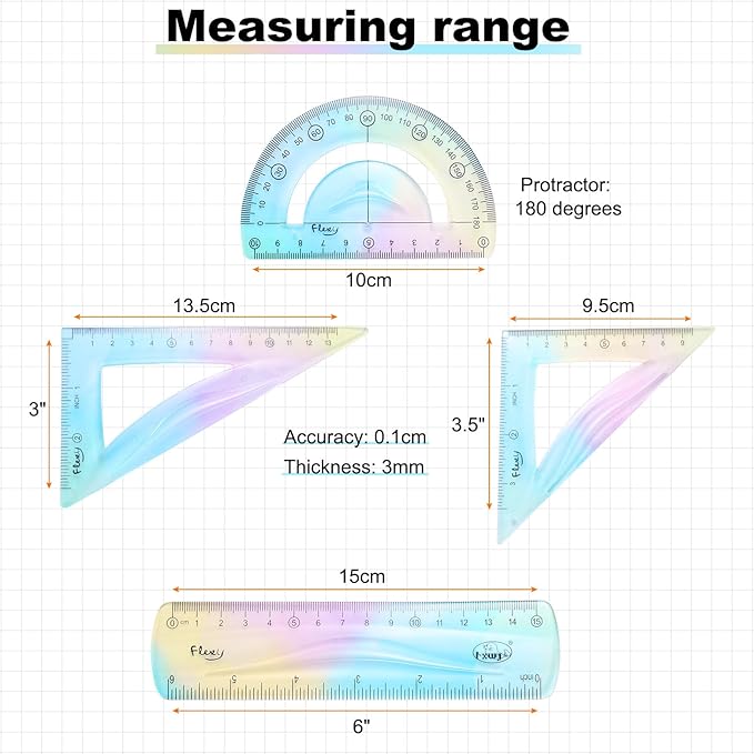 HARFINGTON 4pcs Triangular Ruler Set 15cm Plastic Flexible Straight Metric Soft Bendable Ruler Geometric Protractor Triangle Rulers for Home Office