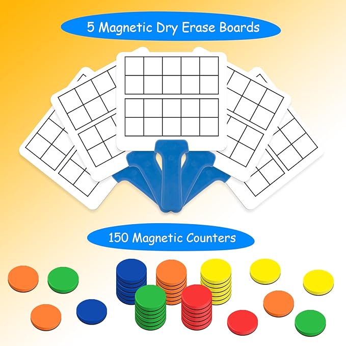 Magnetic Ten Frame Set,5 Dry Erase Paddles & 150 Math Counters,Counting Toys for Kids,Addition and Subtraction Games,Math Manipulatives 1st Grade,Kindergarten Preschool Classroom Must Haves