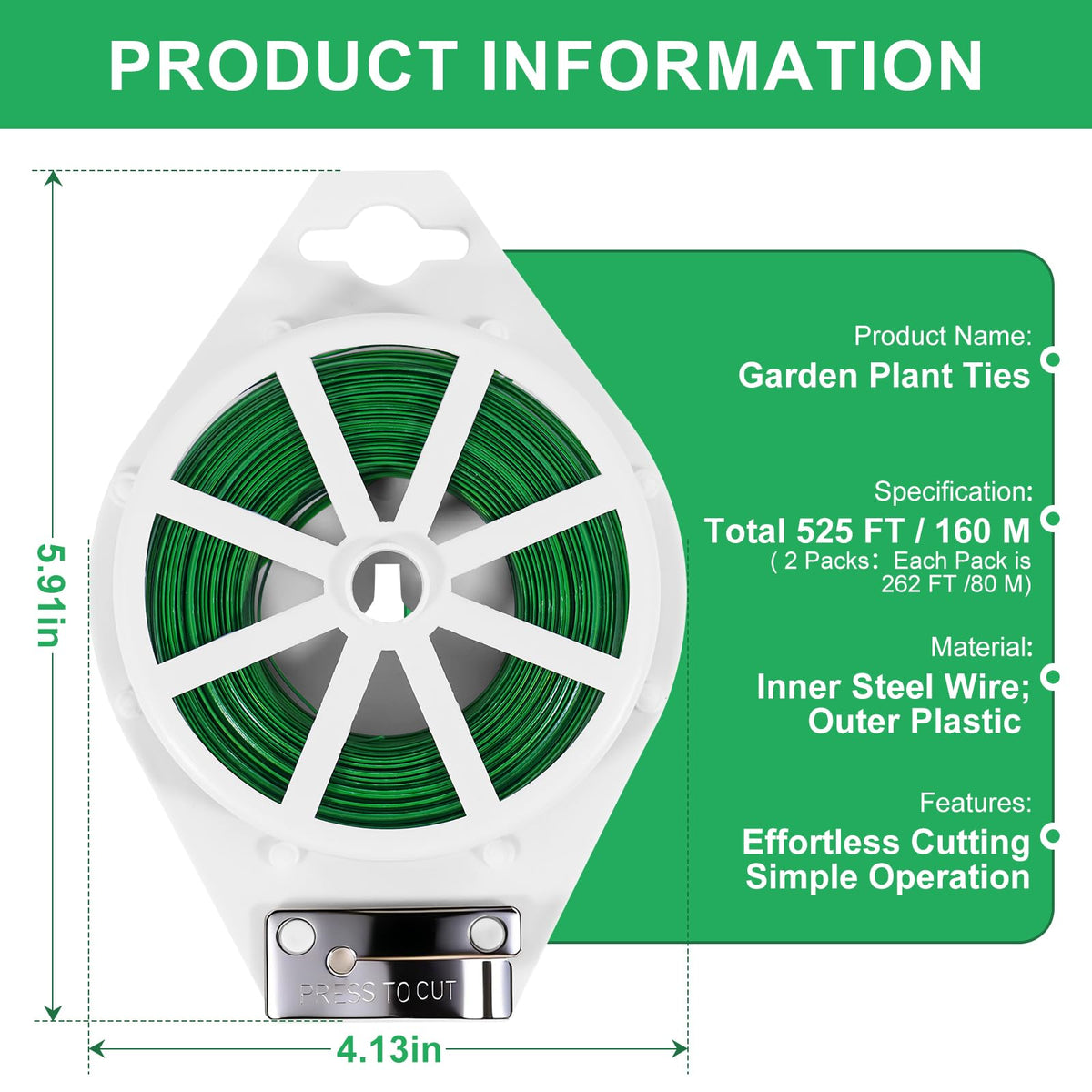 LBOKLING 2 Pack Twist Ties, 525 Feet (160m) Sturdy Garden Plant Ties with Cutter, Rustproof & Flexible Garden Ties for Plant of Gardening, Indoor & Outdoor Home and Office Use (Green)