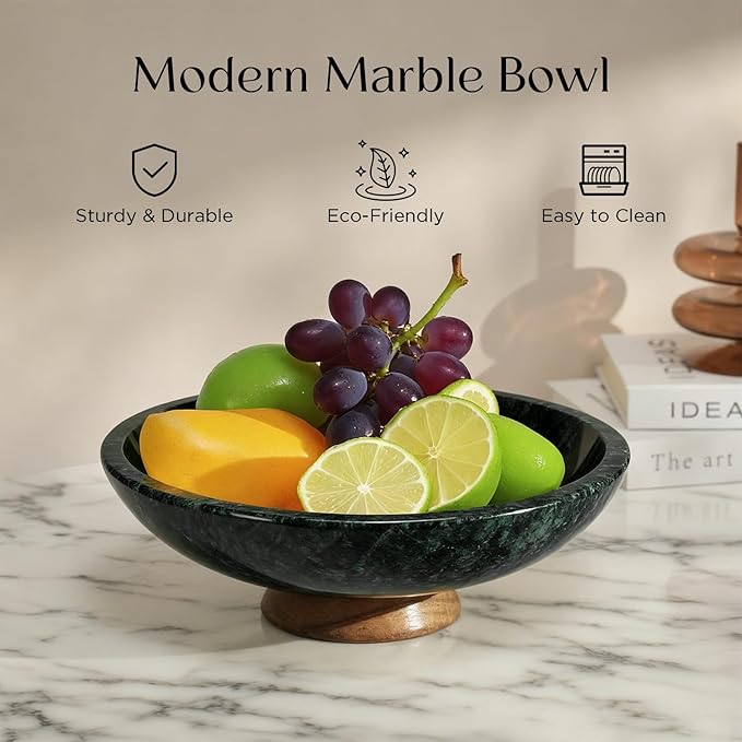 Green Marble Fruit Bowl with Acacia Wood Pedestal, Large Decorative Footed Bowl, Natural Stone Centerpiece for Kitchen Counter, Entryway, Keys, Dining Table, House Warming Gifts New Home(11Inch)