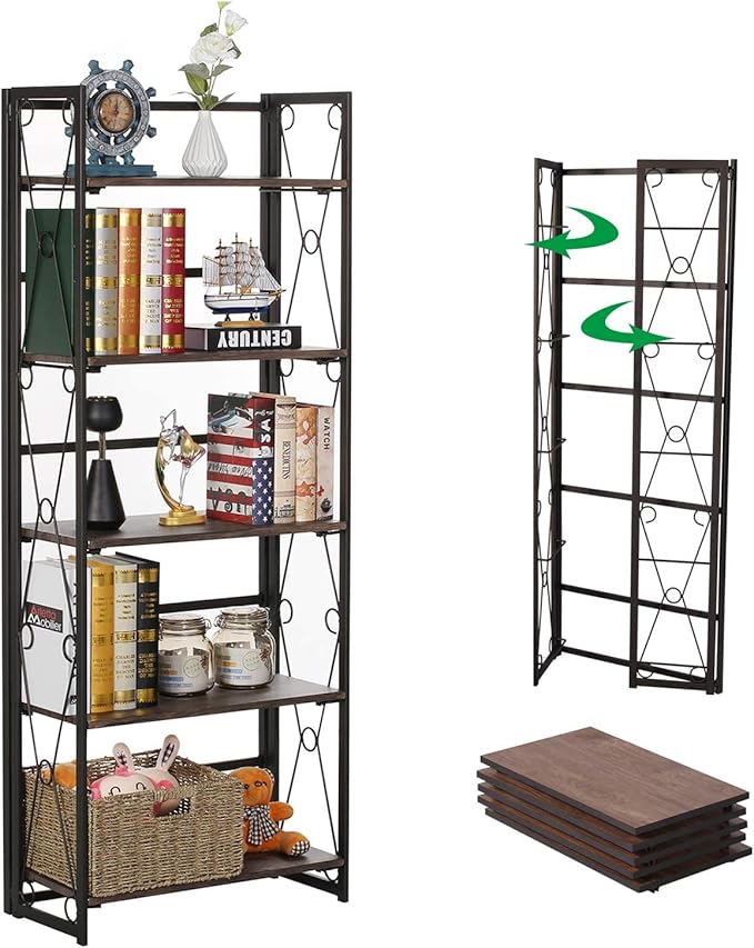 VECELO Folding Bookshelf, 5 Shelf Bookcase No Assembly, Industrial Metal Frame Shelves Rack Organizer for Living Room, Office,Walnut 1 Set