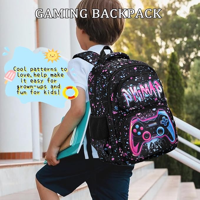 Kids Backpack Boys Gamer Backpack with Lunch Box Kindergarten Elementary Middle School Travel Sport Gaming Bookbag for Boys Girls Ages 4-14, Game-Galaxy