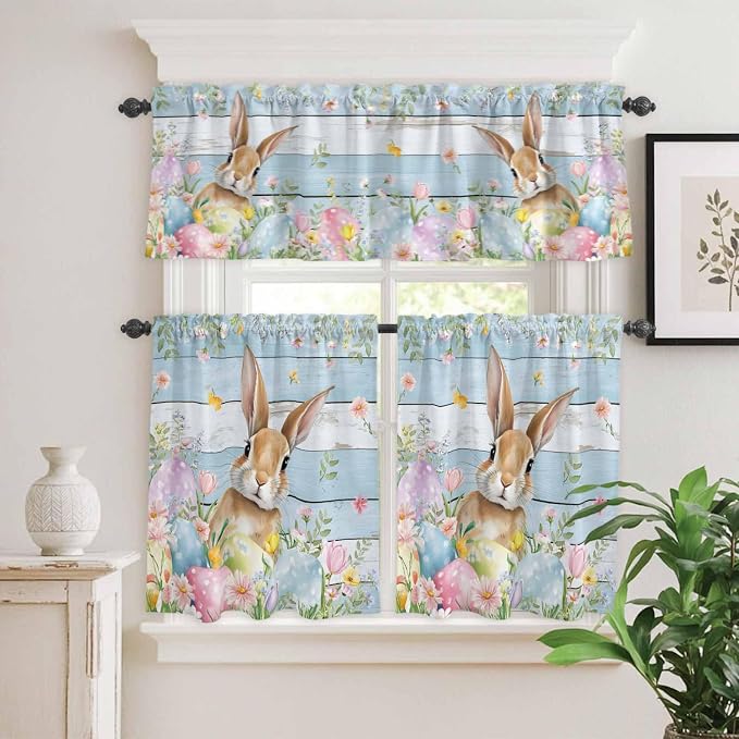Kitchen Curtains Tiers and Valance Set of 3, Easter Light Filtering Window