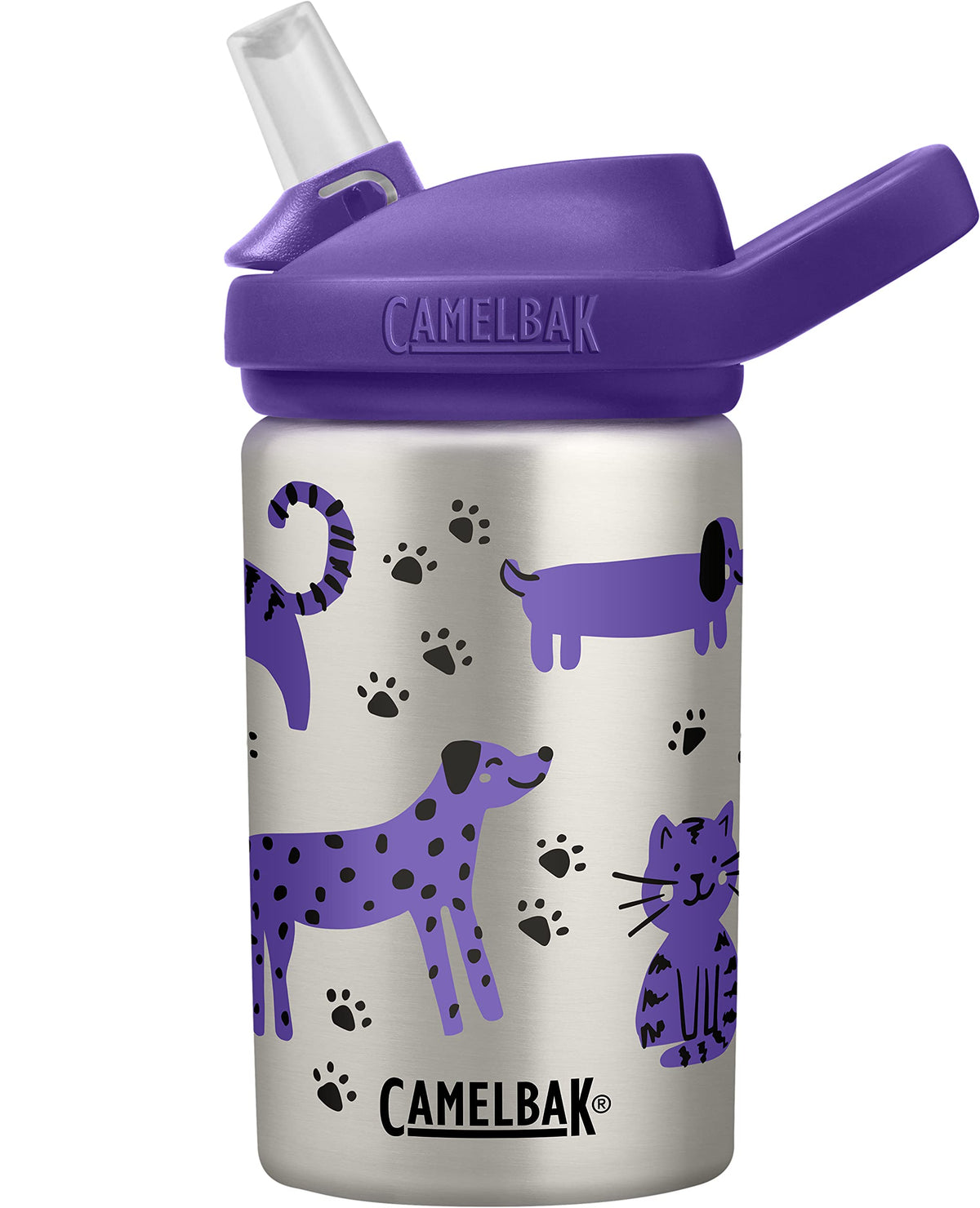 CamelBak Eddy+ Kids Bite Valve Straw Insulated Stainless Steel Water Bottle Cats & Dogs, 14oz