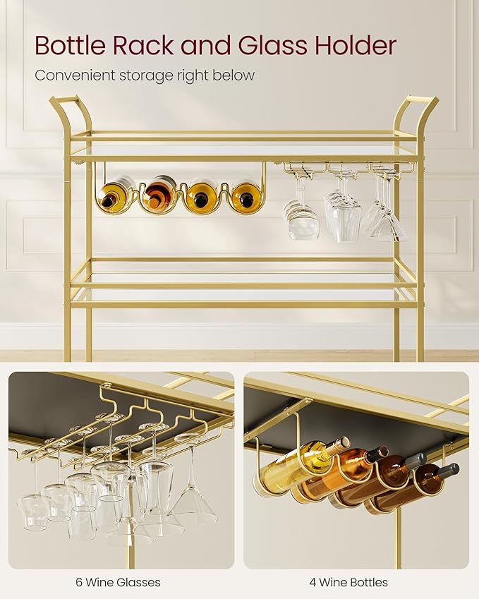 VASAGLE Bar Cart Gold, Large Home Bar Serving Cart with 3-Tier Mirrored Shelf, Wine Holders, Glass Holders, Kitchen, 15 x 33.9 x 35.4 Inches, Gold ULRC083A02