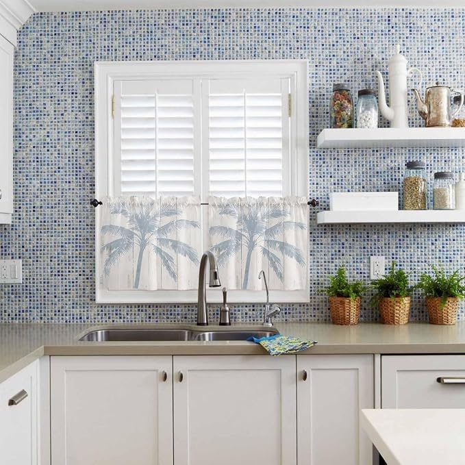 Summer Coconut Tree on Vintage Wood Grain Window Valance Curtains, Seaside