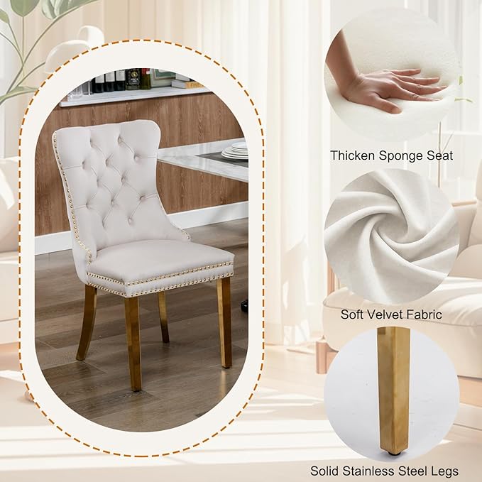 5-Piece Faux Marble Round Dining Table Set for 4, Modern Luxury Kitchen Table Set for 4 with Beige Tufted Chairs,Circle Dining Tables with Pandora Grain Top and Bronze Pedestal Base