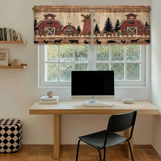 Brown Farmhouse Tier Curtains, Vintage Country Animals Wooden Grain Light