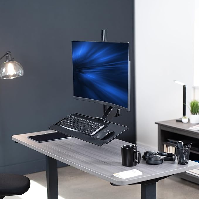 VIVO Sit-Stand Height Adjustable Pneumatic Spring Arm Keyboard Tray Desk Mount for 1 Screen up to 32 inches STAND-SIT1B