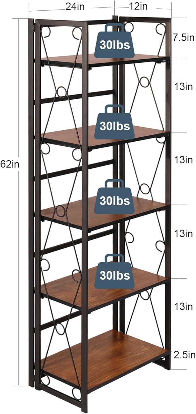 VECELO 2 Set Folding Bookshelf 5-Tier,Industrial Metal Frame & Wood Shelves,Foldable Bookcase No Assembly Free Standing Storage Organizer for Living Room,Office,Bedroom