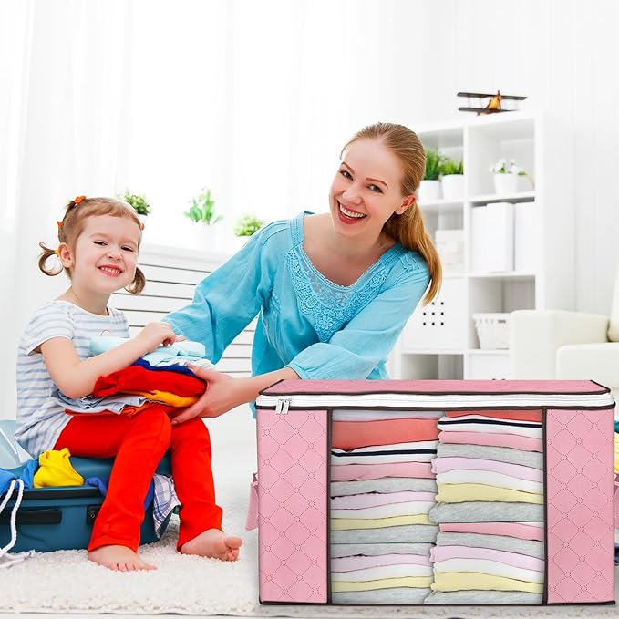 Budding Joy 90 L Large Storage Bags, 6 Pack Clothes Bins Foldable Closet Organizer Containers for Blanket, Comforters, Bed Sheets, Pillows (Pink)