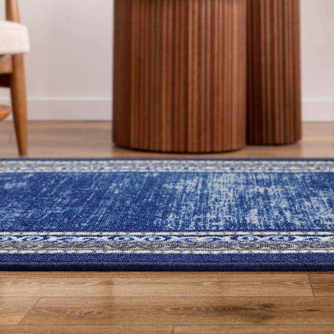 Antep Rugs Alfombras Bordered Modern 2x5 Non-Slip (Non-Skid) Low Pile Rubber Backing Kitchen Area Runner Rug (Navy, 2' x 5')