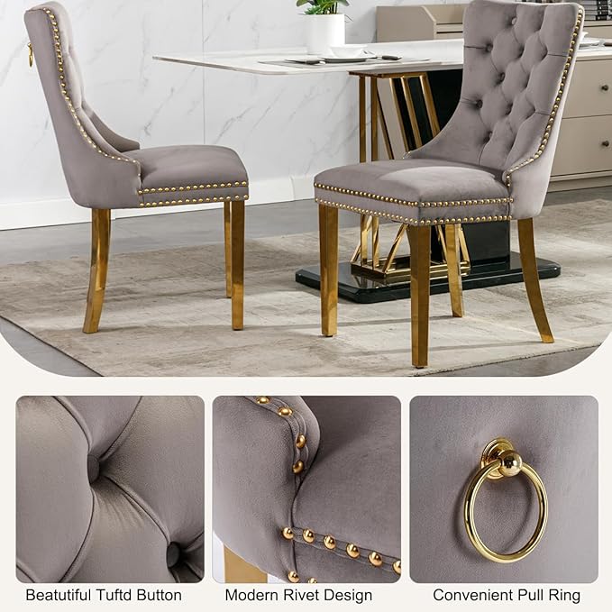 7-Piece Faux Marble Round Dining Table Set for 6, Modern Luxury Kitchen Table Set for 6 with Grey Tufted Chairs,Circle Dining Tables with Pandora Grain Top and Bronze Pedestal Base