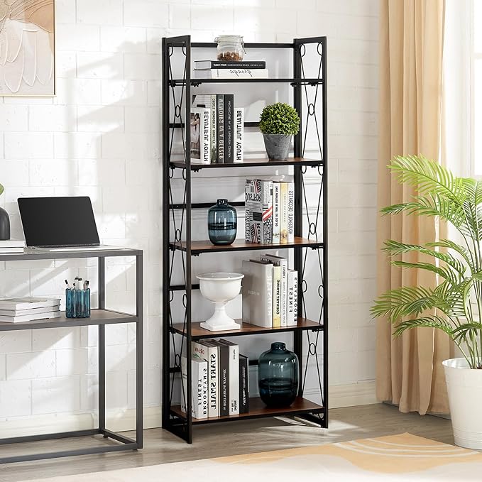 VECELO Folding Bookshelf, 5 Shelf Bookcase No Assembly, Industrial Metal Frame Book Shelves Organizer for Living Room, Office,Brown, 1 Set