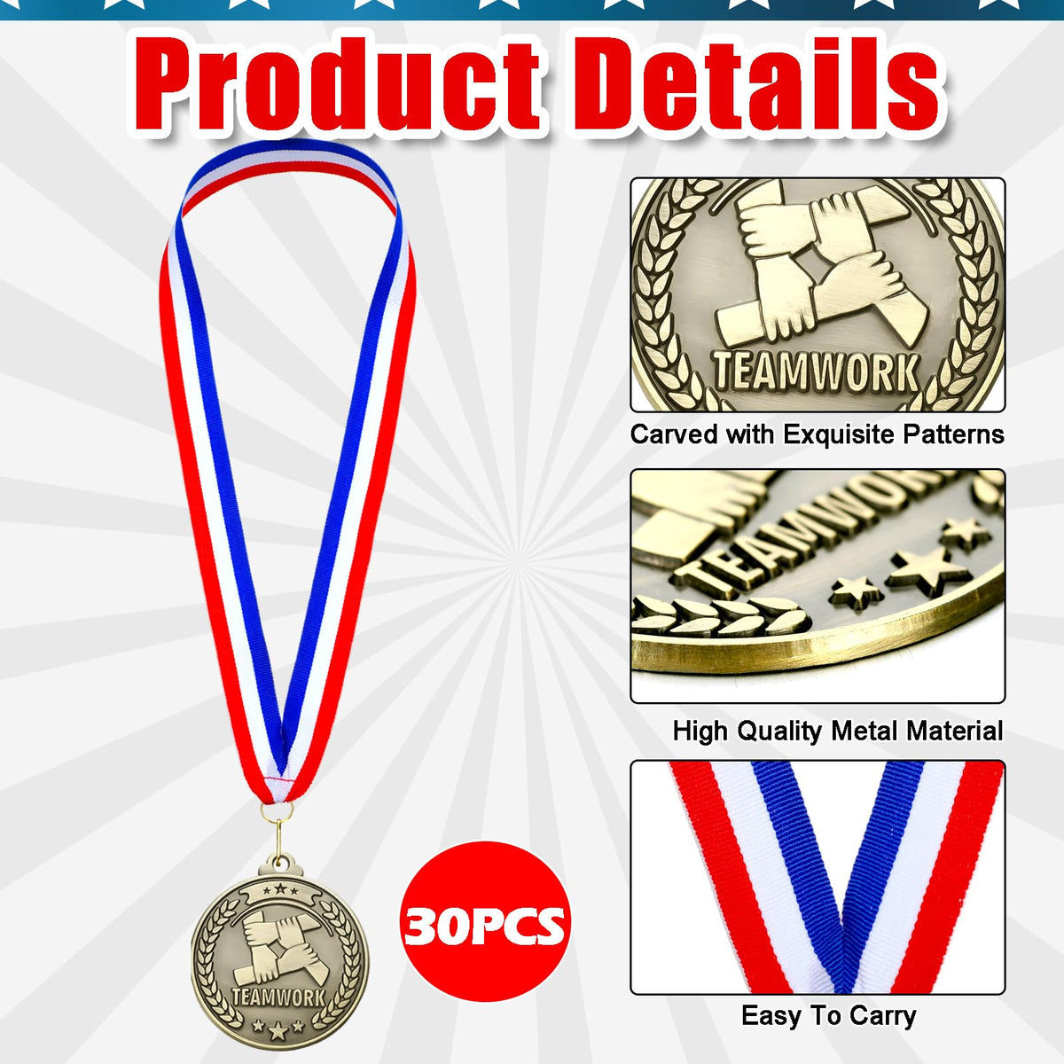 Quelay 30 Pcs 2'' Gold Awards Medals Bulk Winner Medals with Neck Ribbons Encourage Team Participation for Adults Trophy Award Prize Gift Competitions Graduation Party(Teamwork)