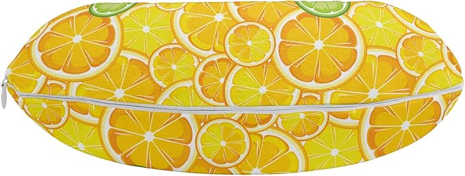 Ambesonne Yellow Travel Pillow Neck Rest, Lemon Orange Lime Fruit Citrus Round Cut Circles Big and Small Pattern, Memory Foam Traveling Accessory for Airplane and Car, 12", Yellow White