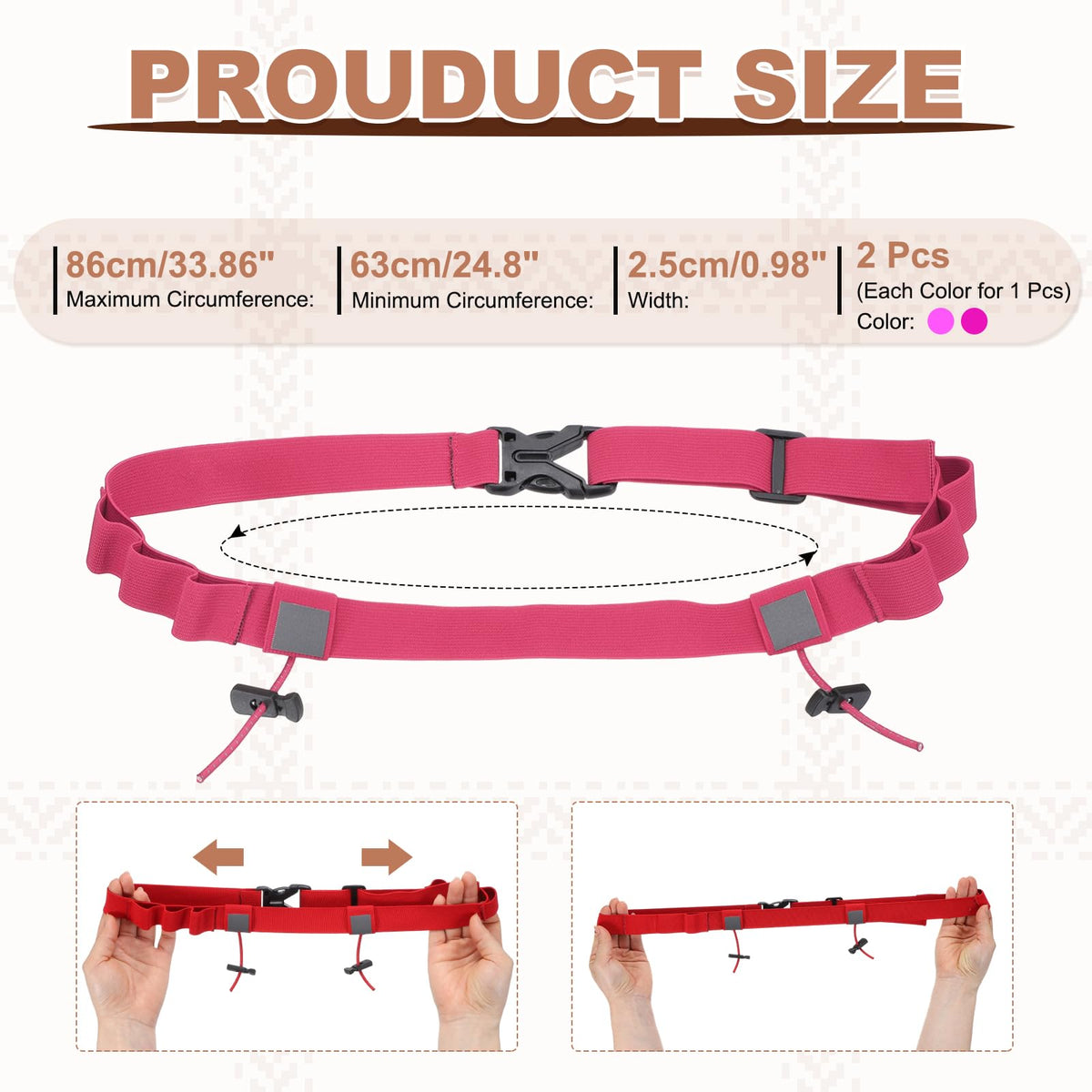 YELARXI Bib Belt, Race Belt Triathlon Running Number Holder Elastic Comfortable with 6 Gel Loops, Sport Race Bib Holder 2Pcs, Pink/Rose Red for Runners/Marathon/Cycling