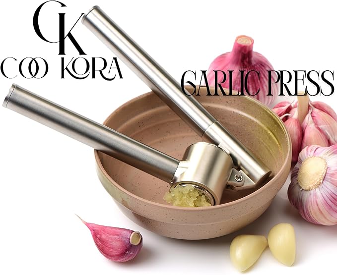 COO KORA Heavy Duty Garlic Press, Handheld Garlic Mincer, 304 Stainless Steel Garlic Press, Ergonomic, Durable, No Hand Odor, Just Put It in the Bowl, Dishwasher Safe